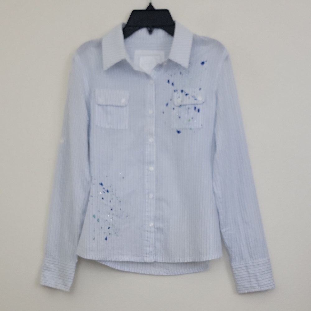 Justice Blue & Silver Striped Paint Splatter Long Sleeve Shirt Girls 14